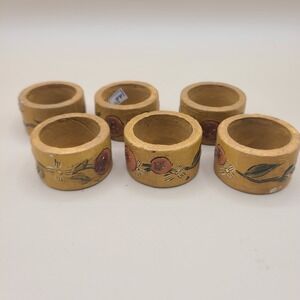 Vintage Set 6 Treenware Hand Painted Japanese Wood Napkin Rings